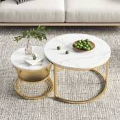 Lot de 2 table basse gigogne, structure métal doré, motif marbre, table basse de salon, table d'appoint, style vintage - Blanc - Blanc
