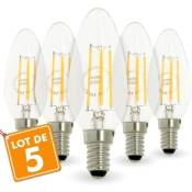Lot de 5 Ampoules led Flamme Filament 4W eq. 40W Culot E14 Température de Couleur: Blanc chaud 2700K