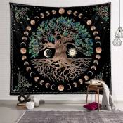 Tapisserie murale arbre de vie - Motif lune et soleil - Noir - Tapisserie murale psychédélique - Mandala - Ciel étoilé - Tapisserie hippie pour