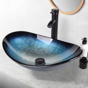 Vasque à Poser en verre, Lavabo pour Salle de Bain,53x35x16cm,Ovale,noir bleu - Bleu - Puluomis