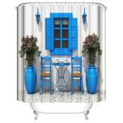 Bleu Marine et Blanc 180 x 180 cm,Rideau de Douche décoratif de Voyage Traditionnel Grec Design Vacances Maison d'été Fleurs fenêtre Tissu décor
