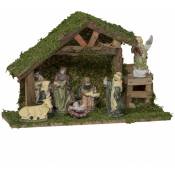Crèche de Noël en bois et ses 8 santons en porcelaine