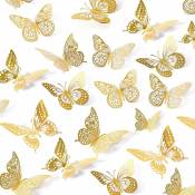 Décoration murale papillon 3D 48 pièces 4 styles 3 tailles, décorations papillon dorées pour papillon (or)