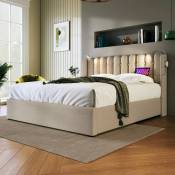Dolinhome - Lit double rembourré avec liseuse, tête de lit rechargeable, rangements, lin, 160x200cm, coloris naturel