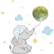 Joli éléphant avec bonnet de nuit Stickers muraux, stickers muraux lune lumineuse, décorations murales de dessin animé étoile nuage, décoration