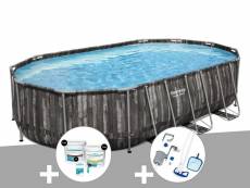 Kit piscine tubulaire ovale bestway power steel décor bois 6,10 x 3,66 x 1,22 m + kit de traitement au chlore + kit d'entretien deluxe