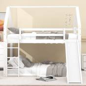 Lit superposé blanc, lit enfant House Design, avec échelle et toboggan, cadre à lattes en bois massif, garde-corps de sécurité, 140 x 200cm, lit