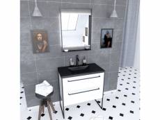 Pack meuble de salle de bain 80x50cm blanc - 2 tiroirs - vasque resine noire effet pierre - miroir