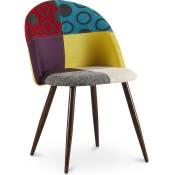 Patchwork Style - Chaise de salle à manger tapissée en patchwork - Style scandinave - Ray Multicolore - Métal finition effet bois, Bois, Lin