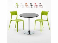 Table ronde noire 70x70cm 2 chaises colorées bar café parisienne cosmopolitan