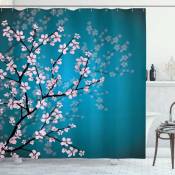 Csparkv - Japonais Rideau de Douche, Motif Sakura Bloom, Tissu Ensemble de Décor de Salle de Bain avec Crochets, 180 cm x 180 cm, Essence Bleu pâle