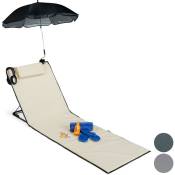 Matelas de plage, Litière de plage rembourré xxl avec un parasol, réglable, Poche, portable, beige - Relaxdays