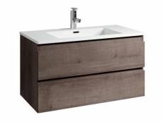 Meuble de salle de bain angela 100 cm lavabo chene marron – armoire de rangement meuble lavabo