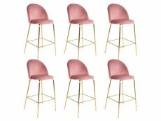 Meyrin - lot de 6 chaises hautes velours rose et pieds métal doré