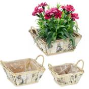 Pot de fleurs, lot 3, bois, bacs avec poignées, film, 3 tailles, pour intérieur & extérieur, blanc-nature - Relaxdays