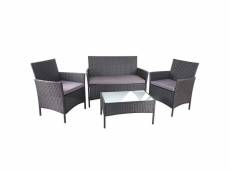 Salon de jardin avec fauteuils banc et table en poly-rotin noir et coussin anthracite mdj04149