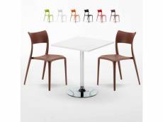 Table carrée blanche 70x70 2 chaises colorées bar