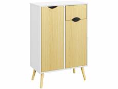 Buffet meuble de rangement design scandinave - 2 portes, 3 étagères, tiroir - piètement pin panneaux blanc aspect bois clair
