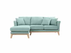 Canapé d'angle gauche scandinave en tissu vert lagon déhoussable et bois clair oslo