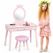 Coiffeuse pour enfants avec tabouret,coiffeuse et chaise,table cosmetique avec miroir et tiroir,egalement comme bureau,Rose - Goplus