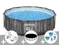 Kit piscine tubulaire ronde Bestway Steel Pro Max décor bois 3,66 x 1,00 m + Kit de traitement au chlore + Kit d'entretien Deluxe + Bâche de protectio