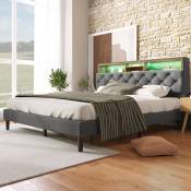 Lit capitonné lit double avec tête de lit coffre et éclairage LED, cadre de lit à lattes en bois, 140 x 200 cm, gris (sans matelas).