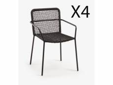 Lot de 4 chaises en corde noire et acier galvanisé - longueur 56 x profondeur 60 x hauteur 80 cm