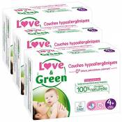 Love & Green - Couches Bébé Hypoallergéniques 0% - Taille 4+ (9-20 kg) - Lot de 3 x 42 couches (126 couches)