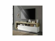 Meuble tv 1 abattant 2 niches blanc laqué brillant-chêne naturel - ischia - l 184 x l 42 x h 58 cm - neuf