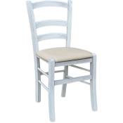 Okaffarefatto - Chaise en bois Venice blanc vieilli avec assise en similicuir couleur crème