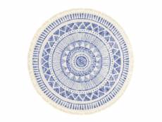 Tapis rond en coton blanc à franges - aztèque - motifs bleu - ø 150 cm