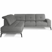 Canapé d'angle gauche design matelassé tissu gris clair chiné et pied noir Kazane 275 cm