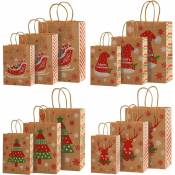 Ersandy - Pochette Cadeau Noël, 12 Pcs Sac Papier Kraft avec Poignée, Grande Pochette Kraft Noel, 3 Différentes Tailles Sac Cadeaux Sachet Bonbons