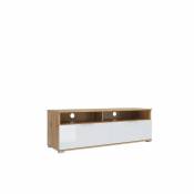 Hucoco JADEA - Meuble TV style scandinave salon/chambre d'ado - 135x45x41 - 2 tiroirs - Meuble multimédia - Blanc