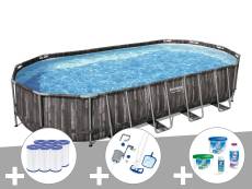 Kit piscine tubulaire ovale Bestway Power Steel décor bois 7,32 x 3,66 x 1,22 m + 6 cartouches de filtration + Kit de traitement au chlore + Kit d'ent