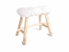 Pouf tabouret fourrure blanc structure en bois, repose pied scandinave 34x20x35cm