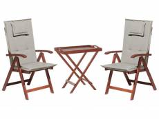 Set de terrasse table et 2 chaises en bois foncé coussins
