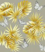 Tissu imprimé mélange de feuillages et papillons - Moutarde - 2.8 m