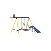 Balançoire pour enfants à cadre métallique, panier de basket-ball, toboggan, aire de jeux d'arrière-cour, aire de jeux extérieure pour enfants de 3 à