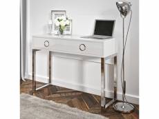 Bureau console avec 2 tiroirs collection melton coloris blanc, pieds en fer chromés.