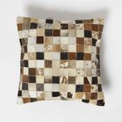 Homescapes - Coussin patchwork en peau véritable à petits carreaux, 45 x 45 cm - Multicolore