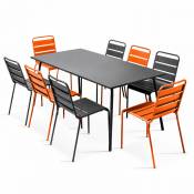 Palavas - Ensemble table et 8 chaises en métal gris et orange