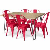 Table à manger Hairpin 150x90 + X6 Chaise Stylix Rouge - Acier, MDF mélaminé avec finition frêne naturel - Rouge