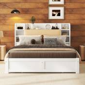Cadre de lit en bois, 160 x 200cm, cadre de lit blanc avec 4 tiroirs et tête de lit partiellement articulée, sommier à lattes en bois, lit plat