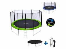Pack premium trampoline 430cm réversible vert - bleu melbourne + filet, échelle, bâche et kit d'ancrage