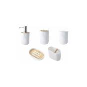 Rhafayre - Lot de 5 pièces en bambou pour salle de bain - Support de brosse à dents en verre - Distributeur de savon - Bol de savon - Accessoires de