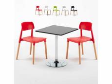 Table carrée noire 70x70cm et 2 chaises colorées