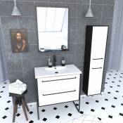 Aurlane - Ensemble de salle de bain 80 cm Blanc finition noir + vasque blanche+ miroir + colonne de rangement