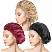 Bonnets de nuit imitation soie 3 pièces, bonnets de douche à bords étroits élastiques en satin, bonnets ronds, bonnets de soins capillaires à domicile