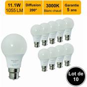 Lot de 10 ampoules led B22 11W 1055Lm 3000K - garantie